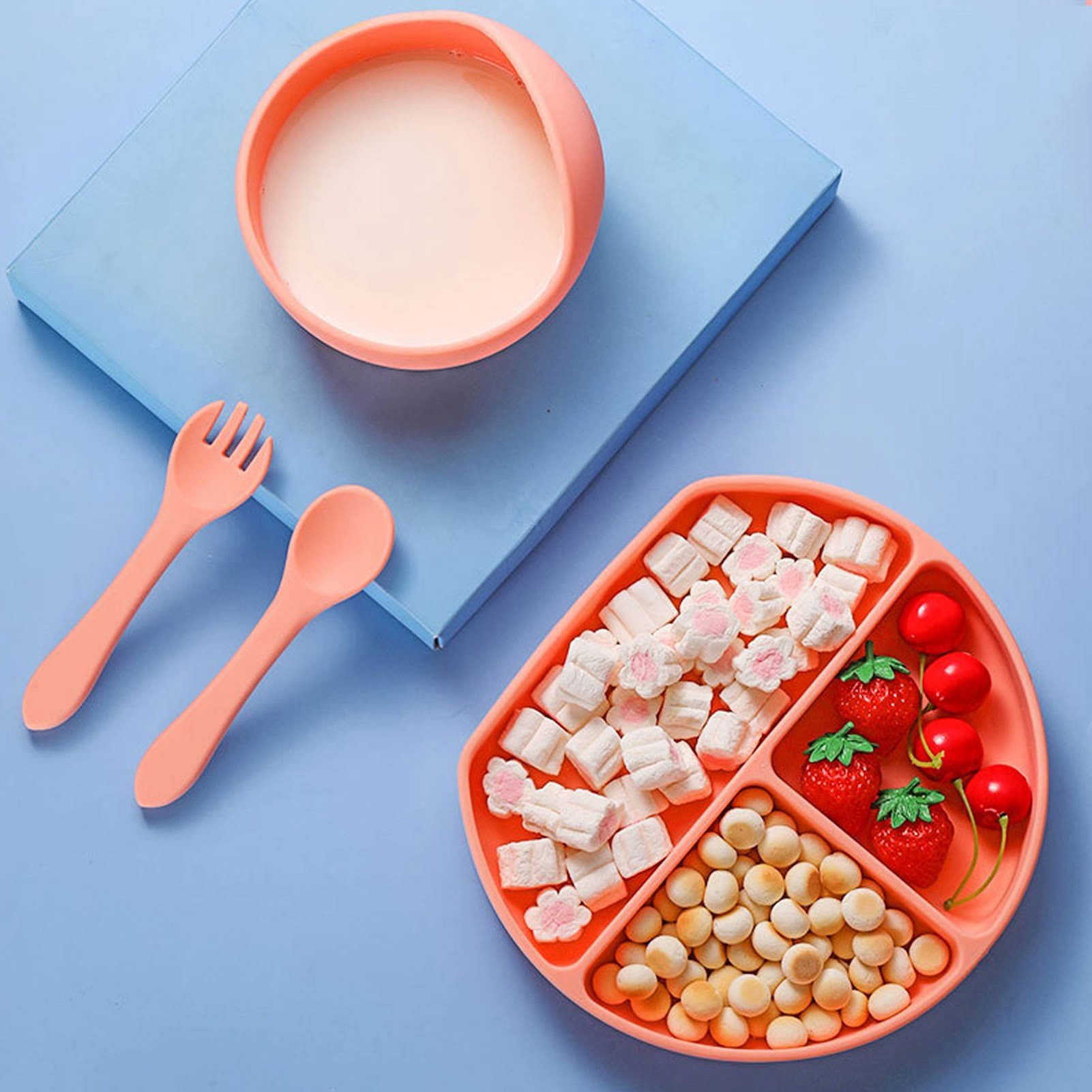 Articole Diverse copii - Set 5 piese diversificare bebelusi si copii din silicon Flippy, baveta, farfurie compartimentata cu ventuza, bol cu ventuza, tacamuri, fara alergeni, roz