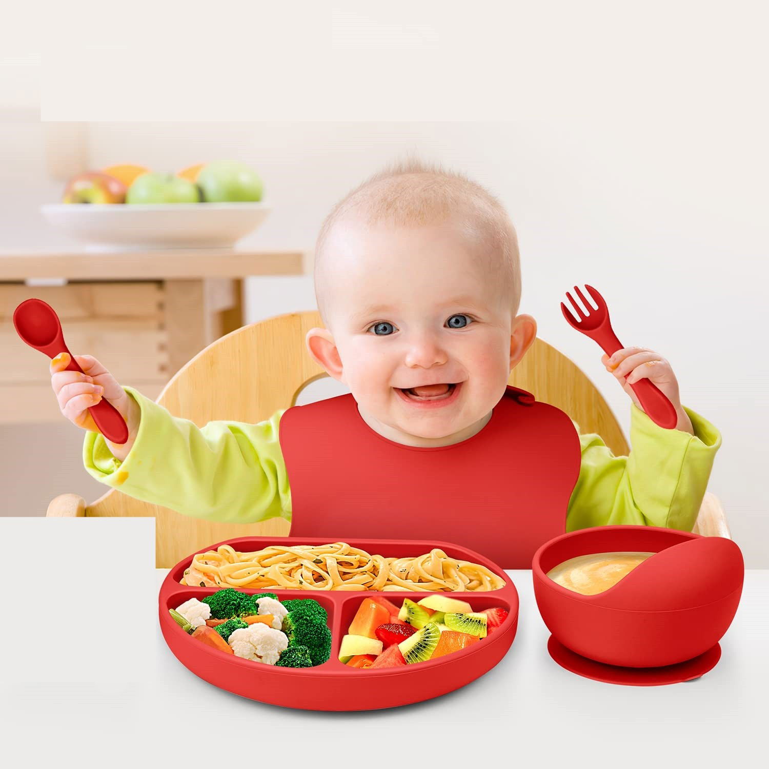 Set 5 piese diversificare bebelusi si copii din silicon Flippy, baveta, farfurie compartimentata cu ventuza, bol cu ventuza, tacamuri, fara alergeni, rosu [4]