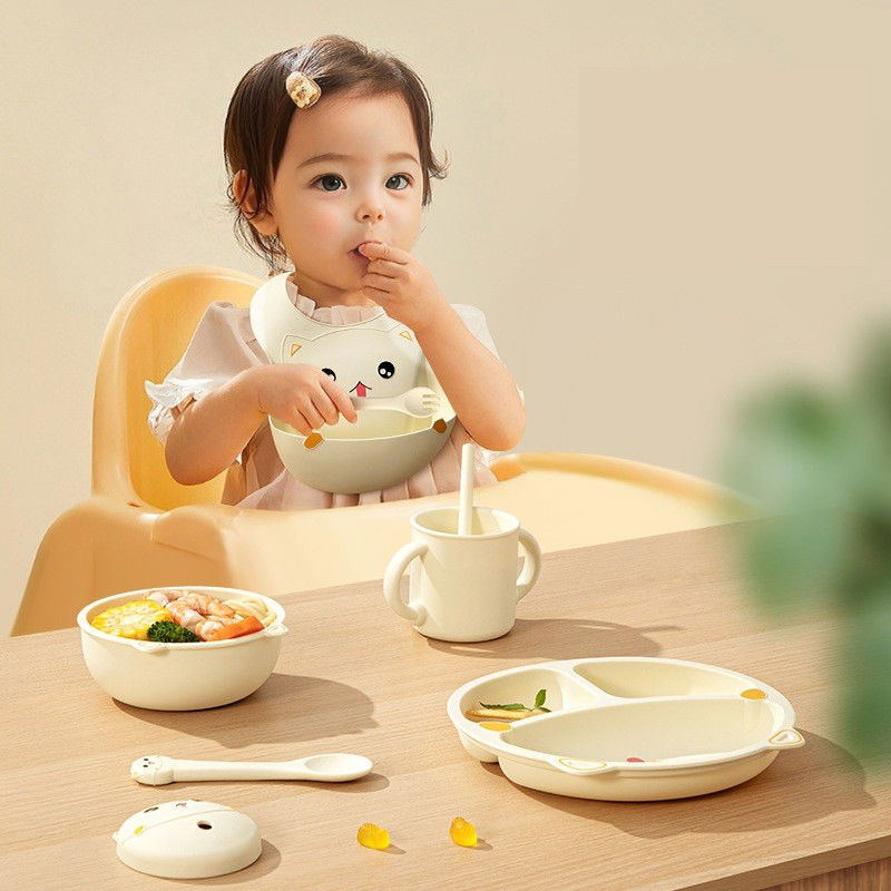 Set 5 Piese Hranire Bebelusi si Copii, Flippy, din Silicon, fara BPA, de la 12 Luni, Model Pisicuta, 28 x 26 x 2 cm, Bej [6]