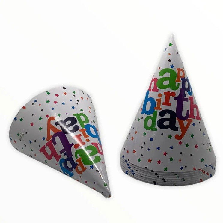 10 - 25 LEI - Set 6 Coifuri, Flippy, Petrecere Copii, din Carton, 20 x 13.5 cm, Model 2 Happy Birthday, Multicolor