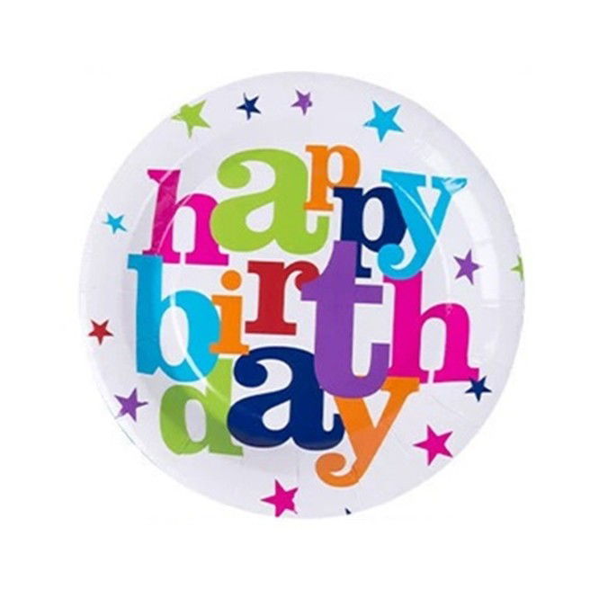 10 - 25 LEI - Set 6 Farfurii Unica Folosinta, Flippy, Imprimeu Happy Birthday, din Carton, Diametru 23 cm, Multicolor