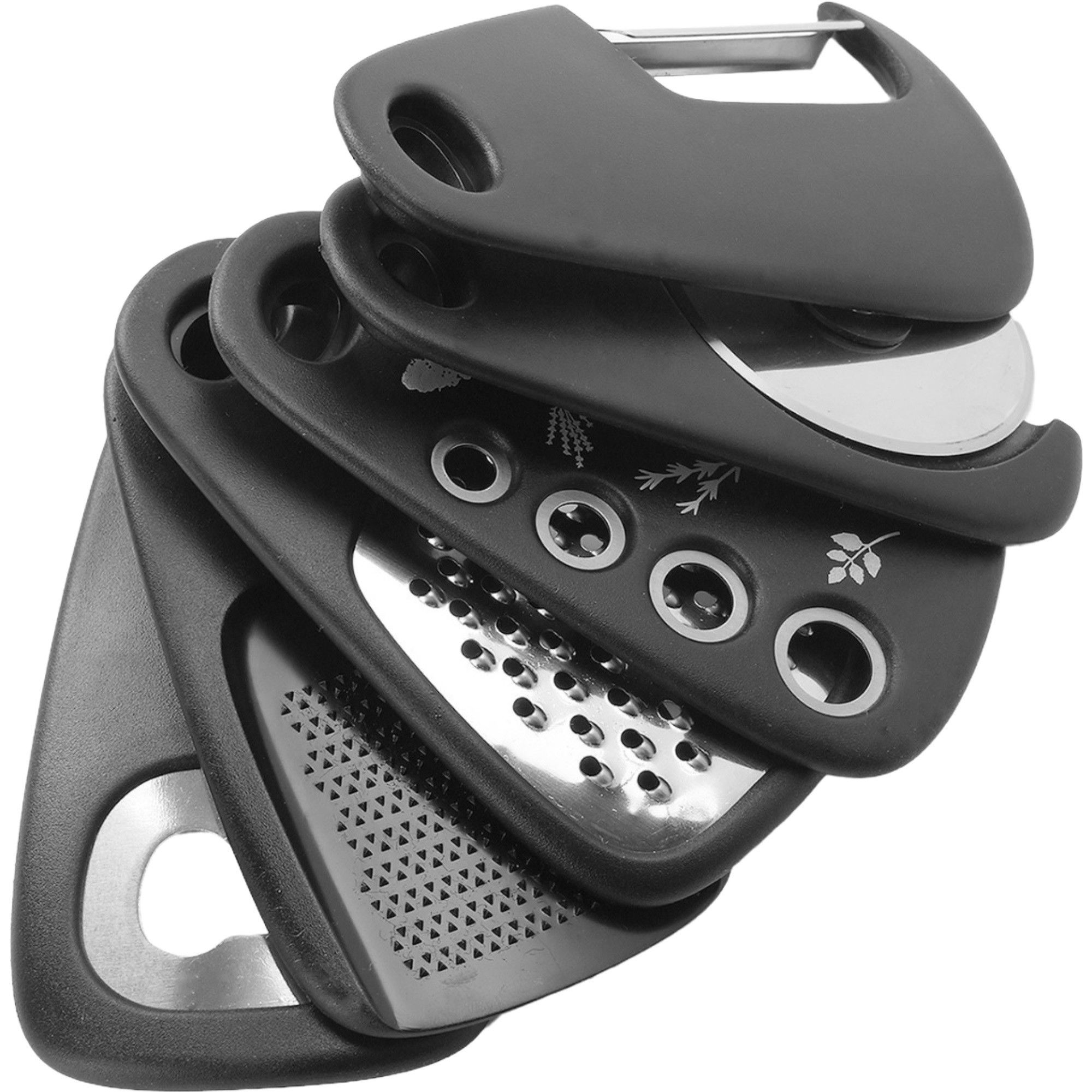 Pentru casa - Set 6 in 1 mini ustensile bucatarie Flippy, taietor pizza, cutit, curatator, razatoare, desfacator, presa usturoi, manere din ABS, lame ascutite din otel inoxidabil, 7.1 x 12.9 x 4.8 cm, negru