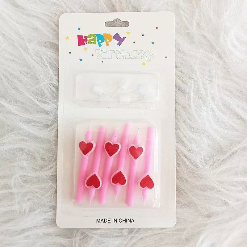 Lumanari si Toppere - Set 6 Lumanari de Tort, Flippy, Model Creion cu Inimioare, 5.9 x 1.1 cm, din Ceara, Roz