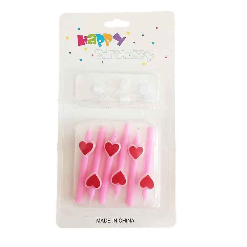 Lumanari si Toppere - Set 6 Lumanari de Tort, Flippy, Model Creion cu Inimioare, 5.9 x 1.1 cm, din Ceara, Roz
