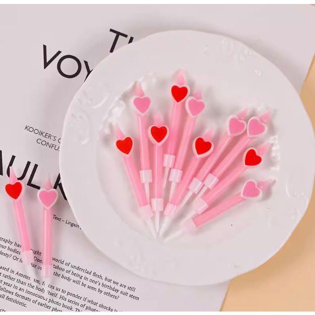Set 6 Lumanari de Tort, Flippy, Model Creion cu Inimioare, 5.9 x 1.1 cm, din Ceara, Roz [3]