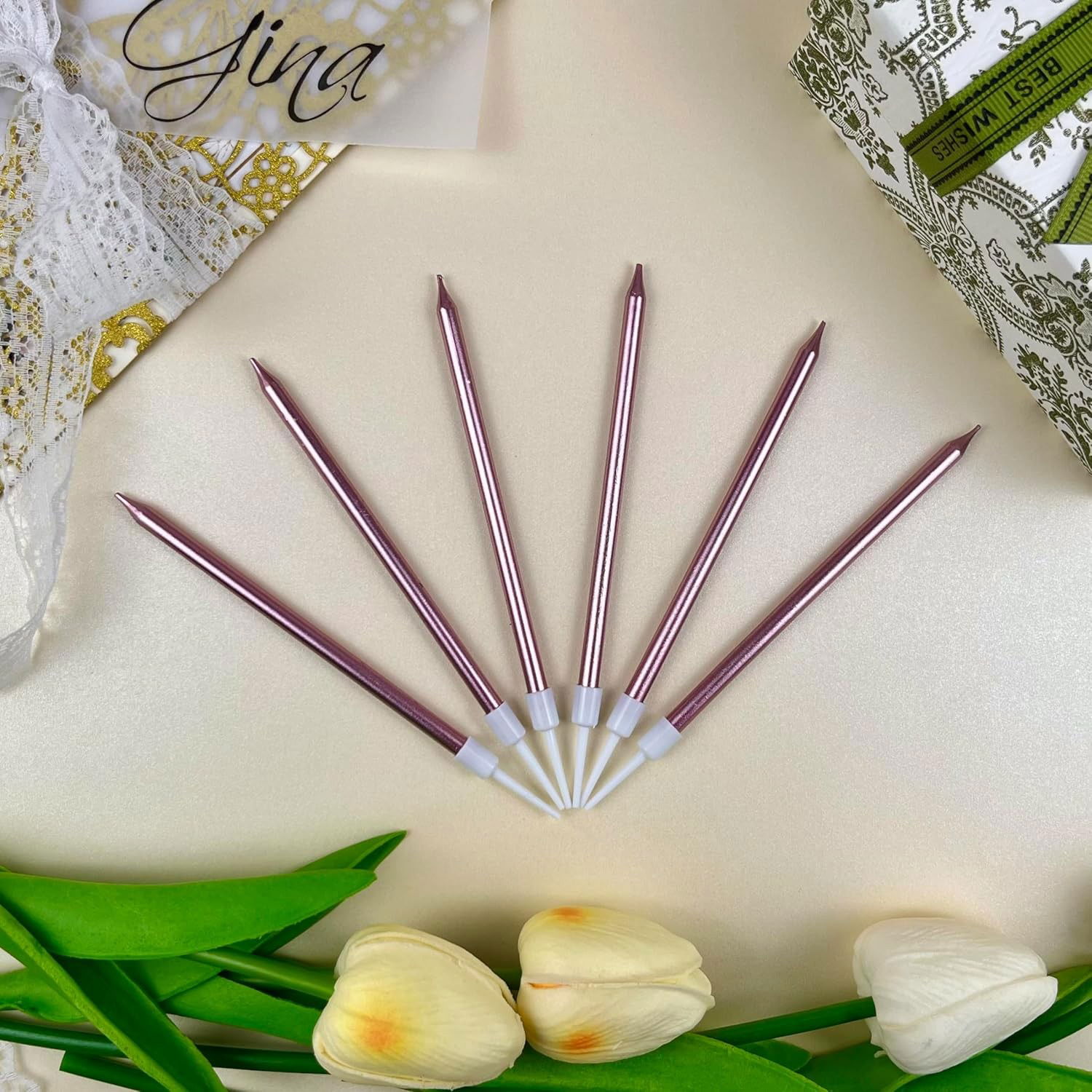 Set 6 Lumanari de Tort, Flippy, din Parafina, 11 x 0.4 cm, Lucioase, Roz Auriu [3]