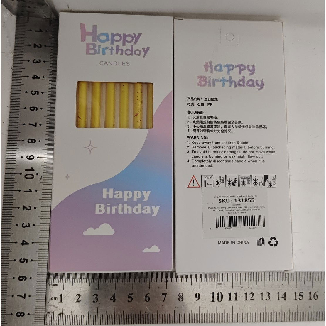 Set 6 Lumanari Lungi, Flippy, din Parafina, 10 x 0.5 cm, Happy Birthday, Galben [5]