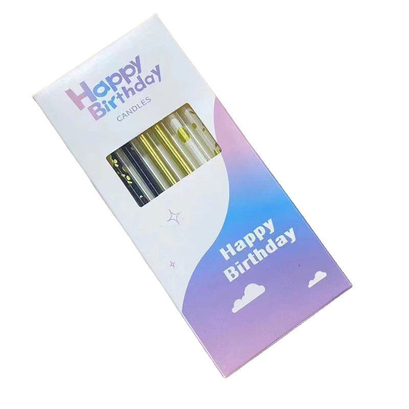 Lumanari si Toppere - Set 6 Lumanari Lungi, Flippy, din Parafina, 10 x 0.5 cm, Happy Birthday, Alb/Negru/Auriu
