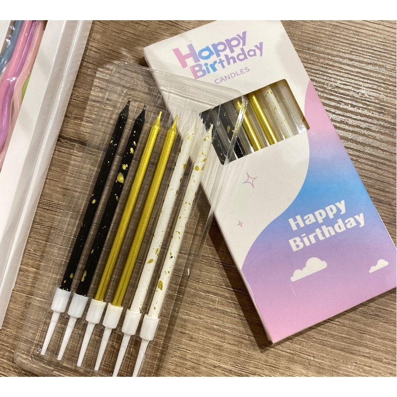 Set 6 Lumanari Lungi, Flippy, din Parafina, 10 x 0.5 cm, Happy Birthday, Alb/Negru/Auriu [7]