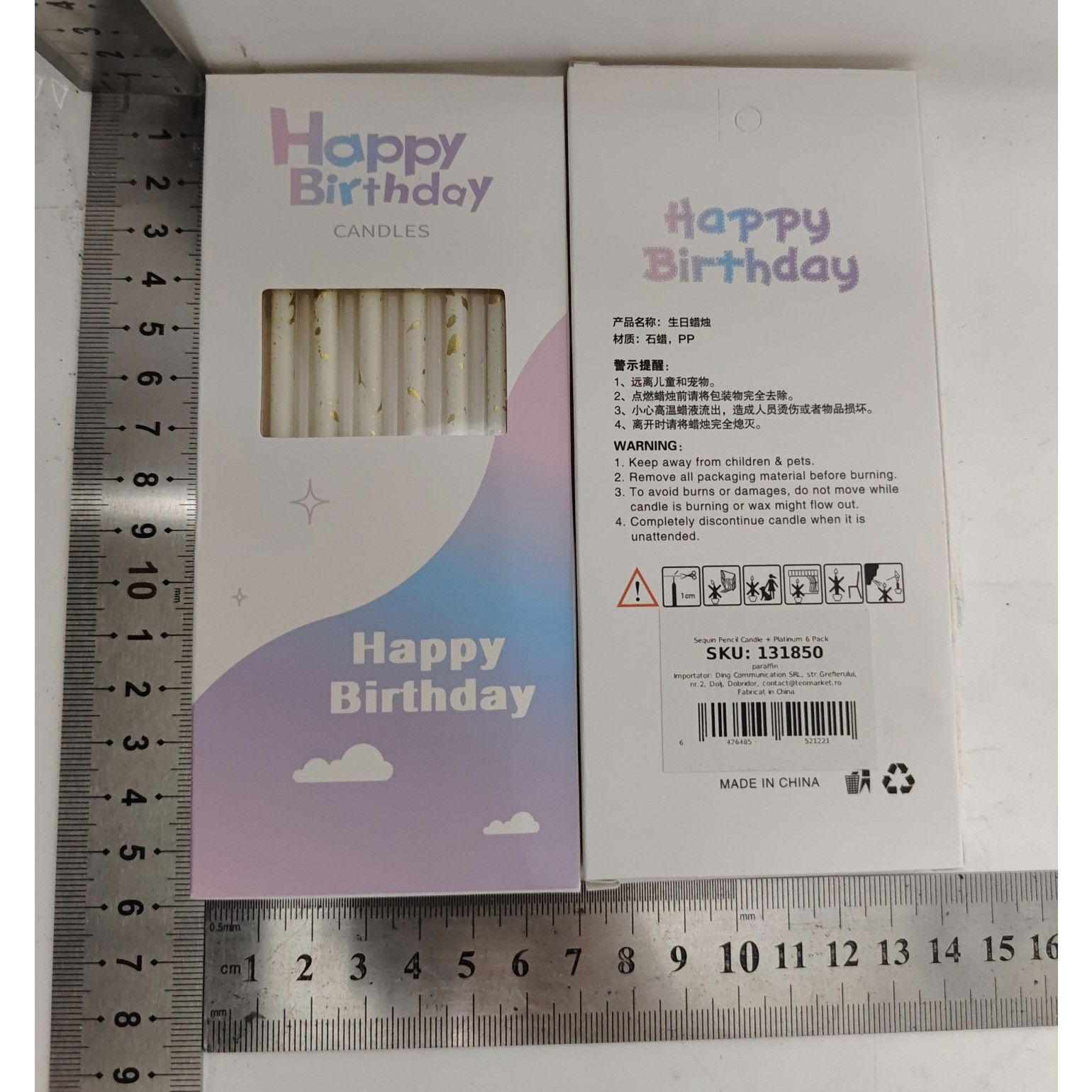 Set 6 Lumanari Lungi, Flippy, din Parafina, 10 x 0.5 cm, Happy Birthday, Alb/Auriu [6]