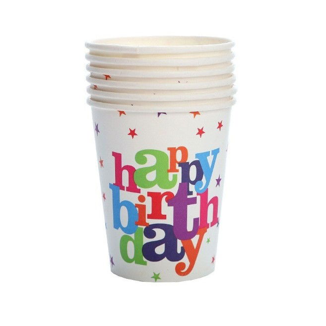 Articole Servire Masa - Set 6 Pahare, Flippy, Imprimeu Happy Birthday, din Carton, 7.5 x 7.8 cm, Multicolor