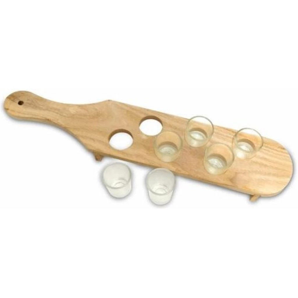 Pahare, Sticle si Cani - Pahare Shot din Sticla, Flippy, Set 6 pahare pentru Shot cu Suport din Lemn, Design Rustic, 41 x 8.5 x 6 cm, Model 2, Maro