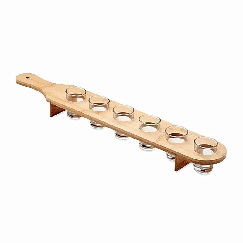 Pahare, Sticle si Cani - Set 6 Pahare Shot din Sticla Flippy, cu Suport din Lemn, Design Rustic, 49.5 x 7 x 6.5 cm, Maro