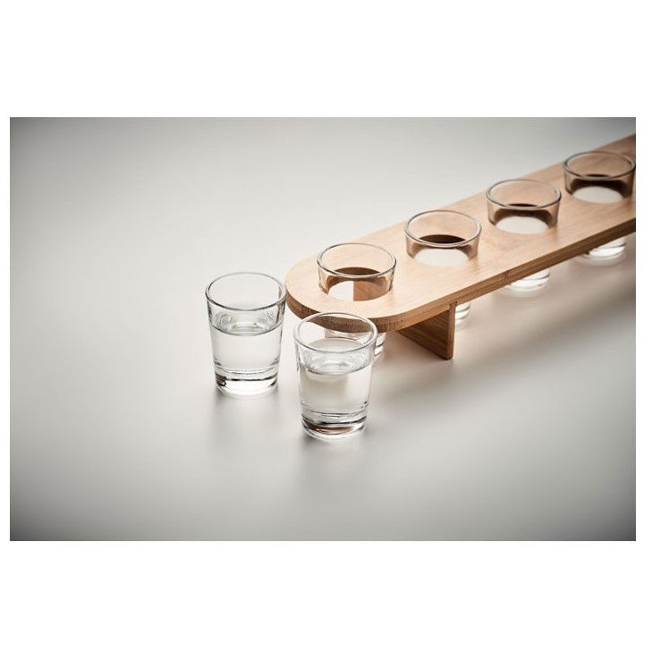 Set 6 Pahare Shot din Sticla Flippy, cu Suport din Lemn, Design Rustic, 49.5 x 7 x 6.5 cm, Maro [5]