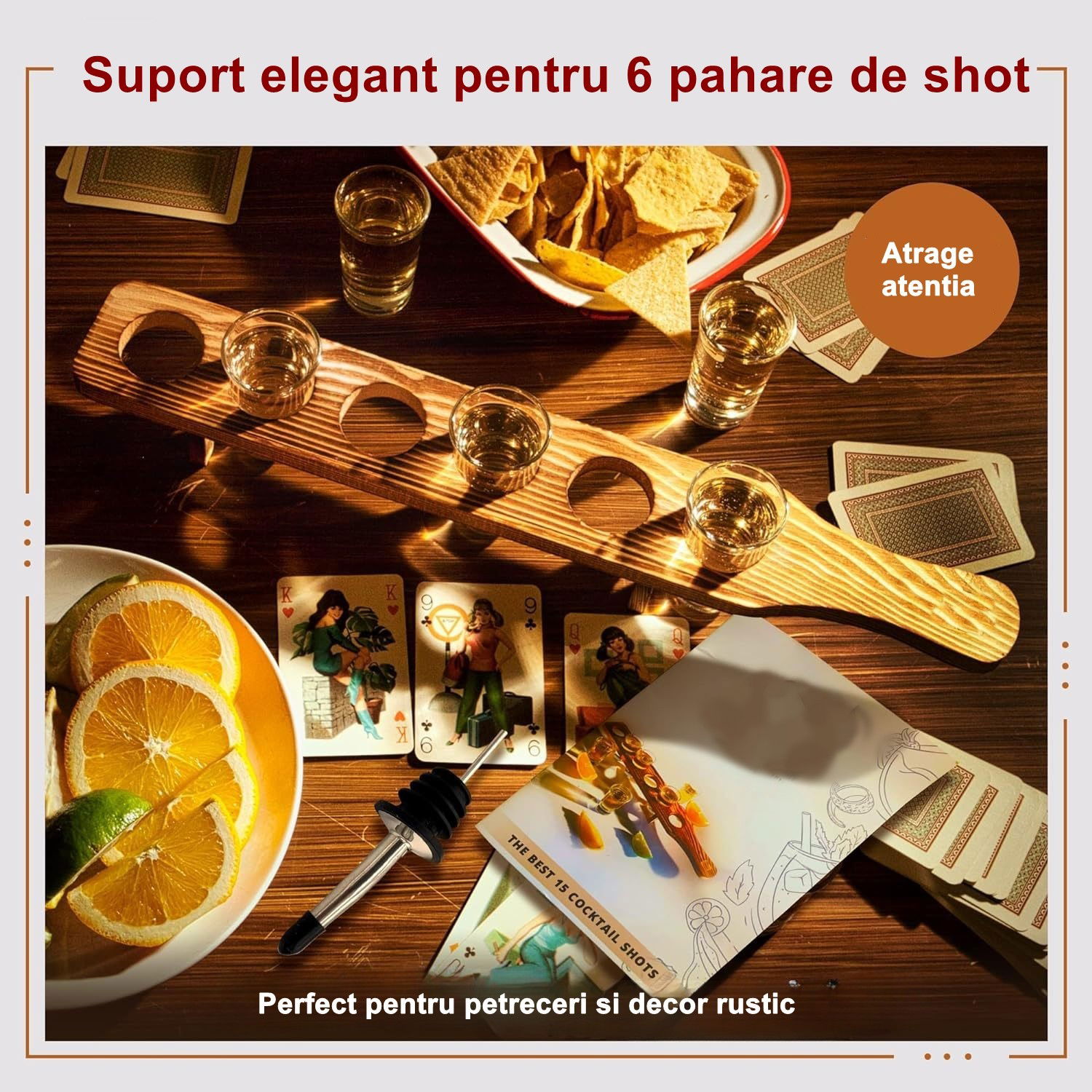 Set 6 Pahare Shot din Sticla Flippy, cu Suport din Lemn, Design Rustic, 49.5 x 7 x 6.5 cm, Maro [3]