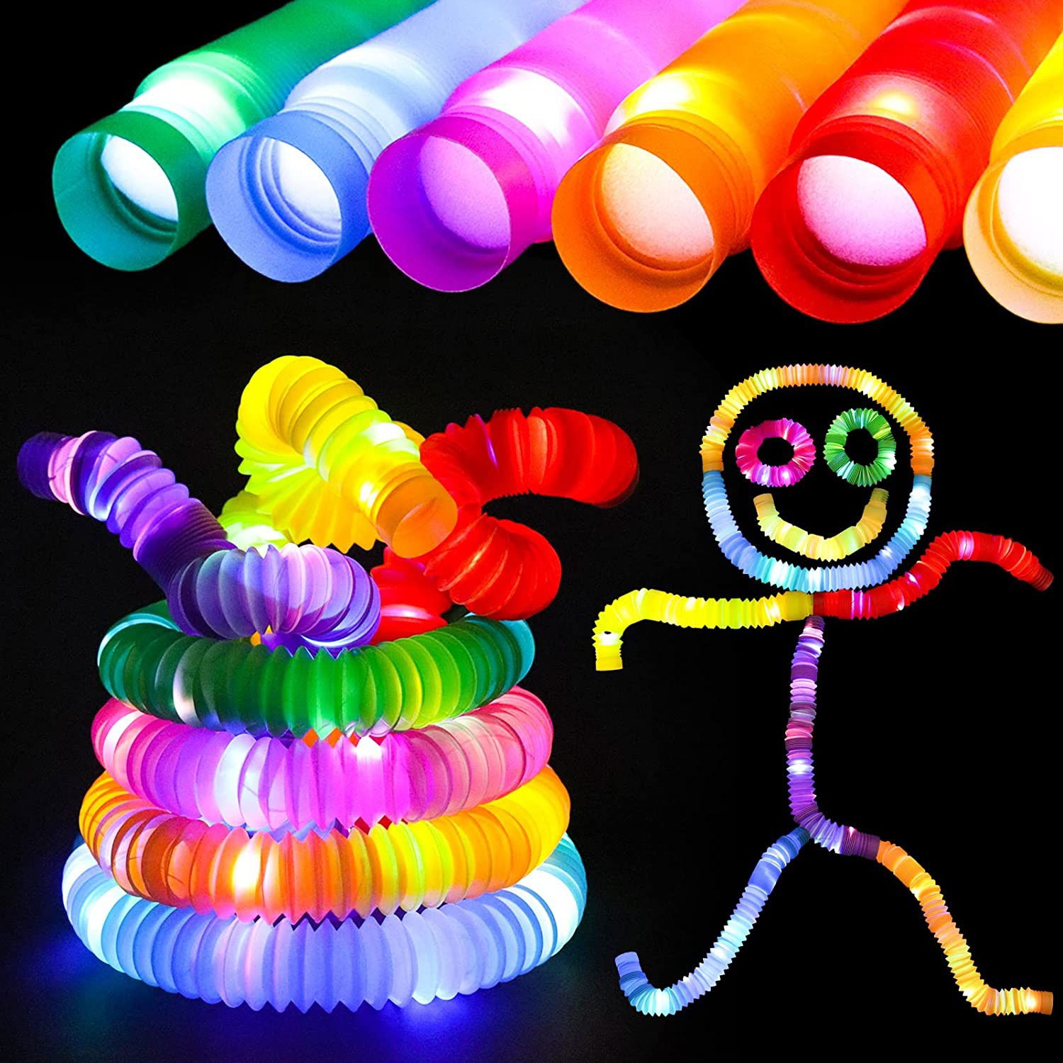 Set 6 Tuburi Antistres, Flippy, cu Lumina LED, Fidget Pop Tube, multicolor [3]