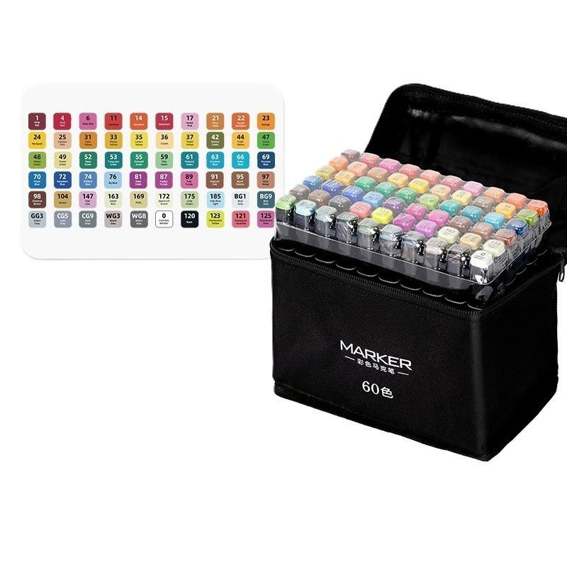 Markere si Set Desen - Set 60 Markere, Flippy, pe Baza de Ulei, Dublu Capat, Subtire 1mm si Gros 6 mm, Geanta Depozitare, 15 cm, Multicolor