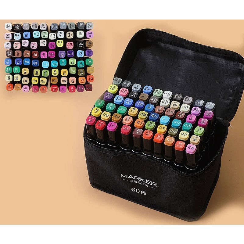 Markere si Set Desen - Set 60 Markere, Flippy, pe Baza de Ulei, Dublu Capat, Subtire 1mm si Gros 6 mm, Geanta Depozitare, 15 cm, Multicolor