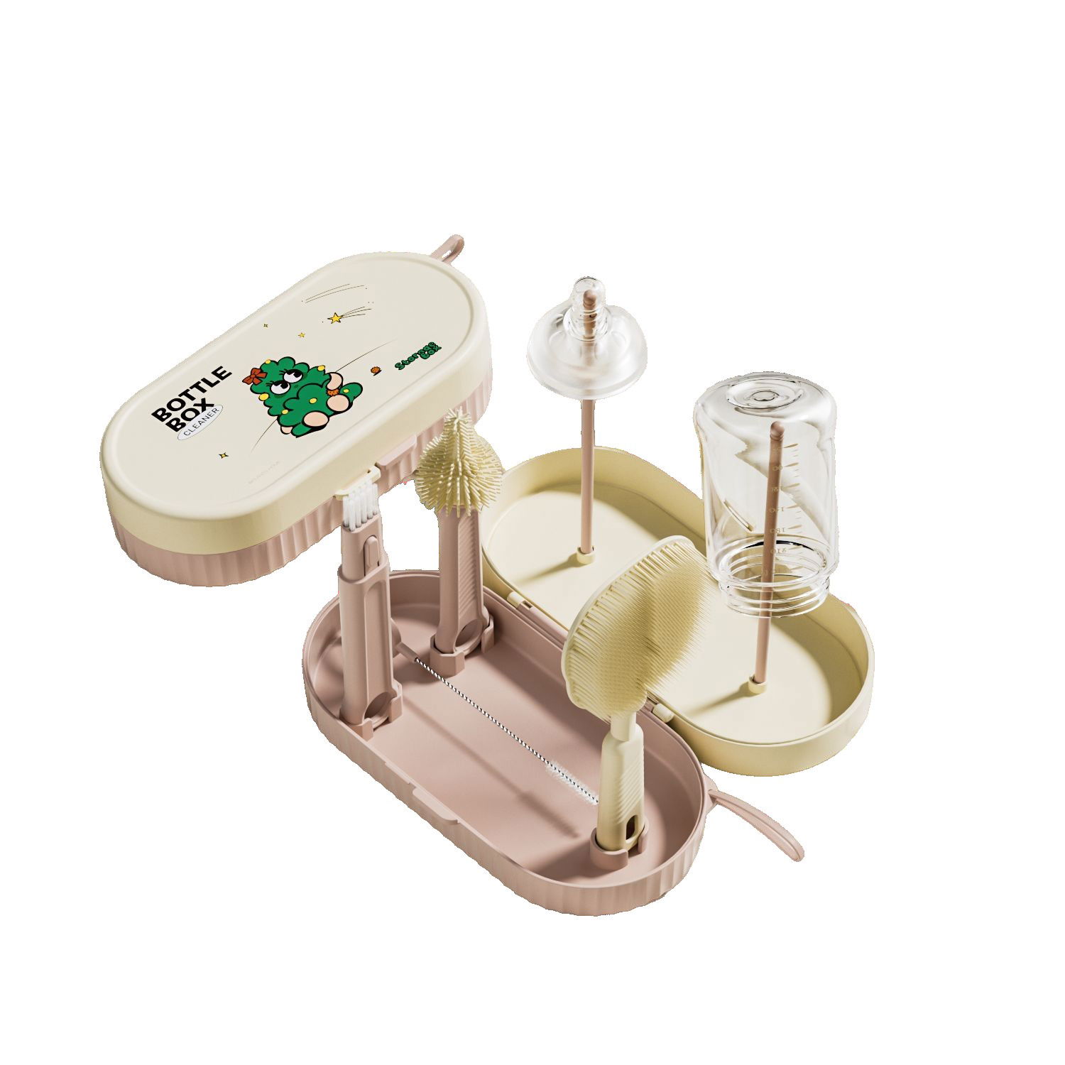 Articole Diverse copii - Set 7 Piese de Spalat/Uscat Biberoane, Flippy, Portabil, Peri de Silicon, pentru Tetine, Suzete, Biberoane, Paie, Cutie Inclusa, 20 x 9.5 cm, Roz