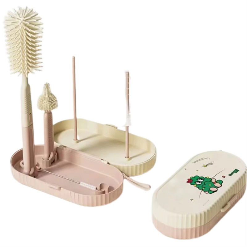 Articole Diverse copii - Set 7 Piese de Spalat/Uscat Biberoane, Flippy, Portabil, Peri de Silicon, pentru Tetine, Suzete, Biberoane, Paie, Cutie Inclusa, 20 x 9.5 cm, Roz