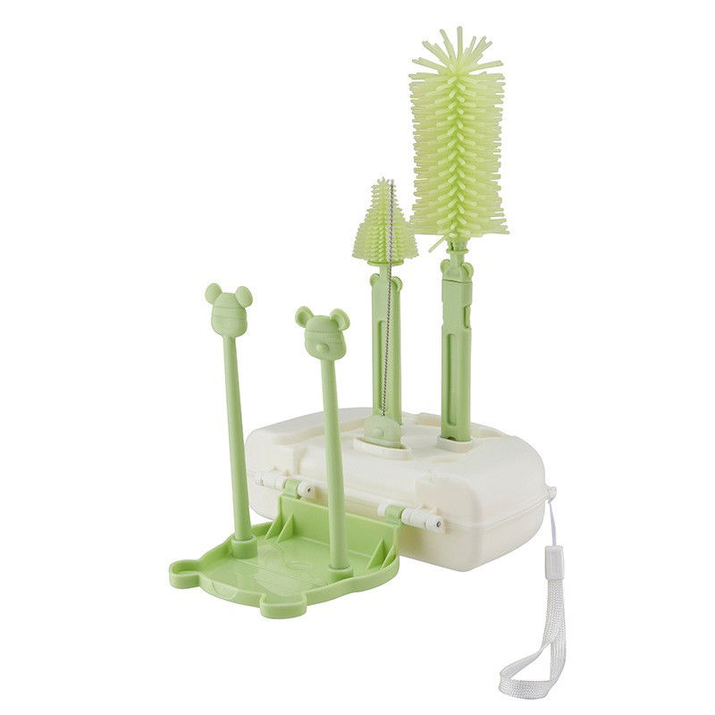 Articole Diverse copii - Set 7 Piese de Spalat/Uscat Biberoane, Flippy, Portabil, Peri de Silicon, pentru Tetine, Suzete, Biberoane, Paie, Cutie Inclusa, 16 x 11 x 5 cm, Model Ursulet, Verde
