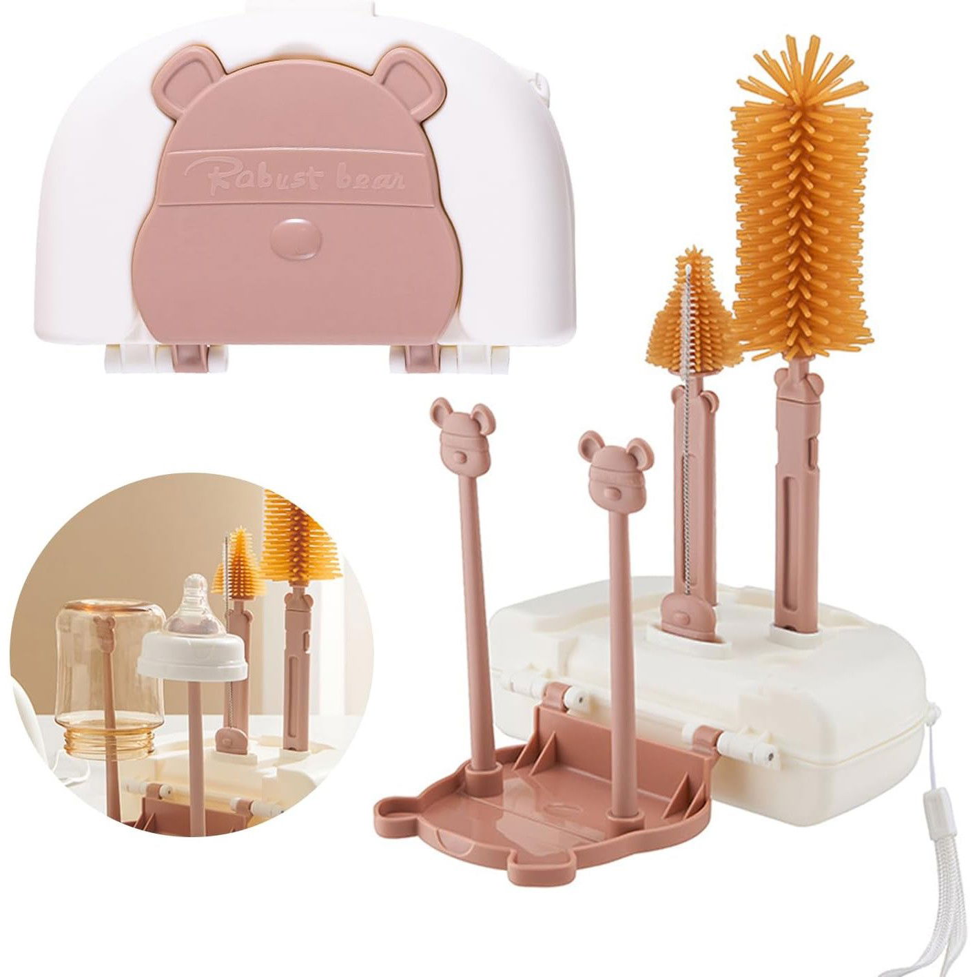 Articole Diverse copii - Set 7 Piese de Spalat/Uscat Biberoane, Flippy, Portabil, Peri de Silicon, pentru Tetine, Suzete, Biberoane, Paie, Cutie Inclusa, 16 x 11 x 5 cm, Model Ursulet, Maro