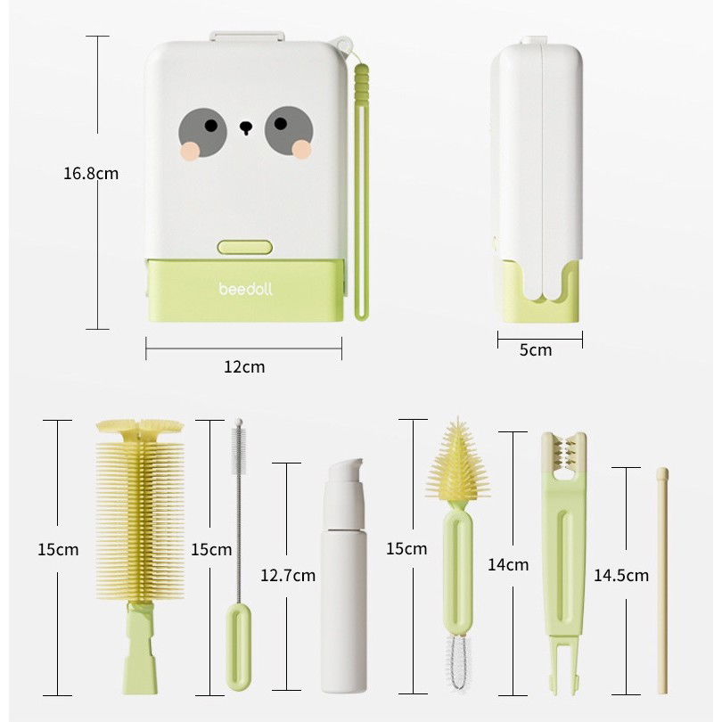 Set 7 Piese de Spalat/Uscat Biberoane, Flippy, Portabil, Peri de Silicon, pentru Tetine, Suzete, Biberoane, Paie, Cutie Inclusa, 16.8 x 12 x 5 cm, Model Panda, Verde [5]