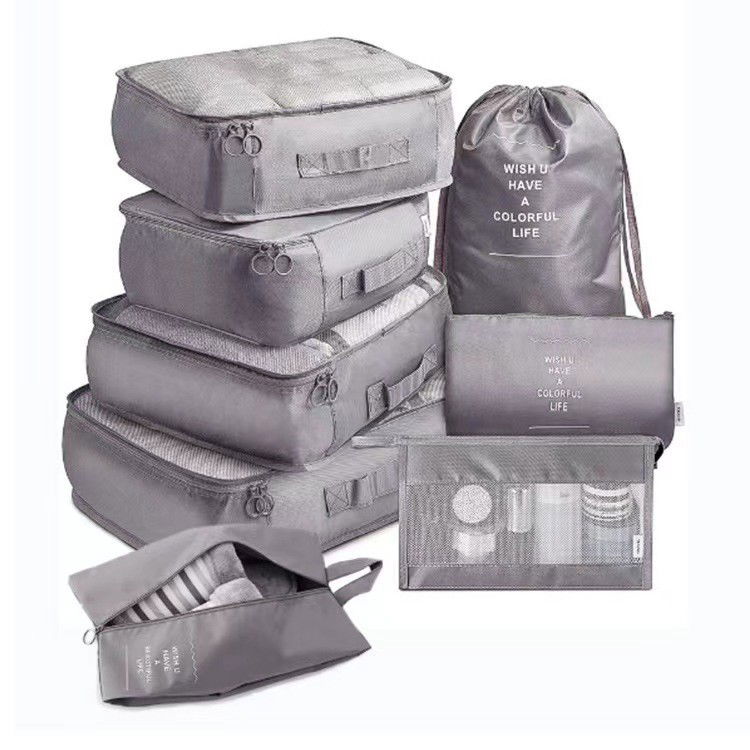 50 - 100 LEI - Set 8 huse organizare bagaj Flippy, material poliester, impermeabil, cu fermoar, pentru calatorii sau dulap, sac pentru pantofi inclus, pliabil, gri