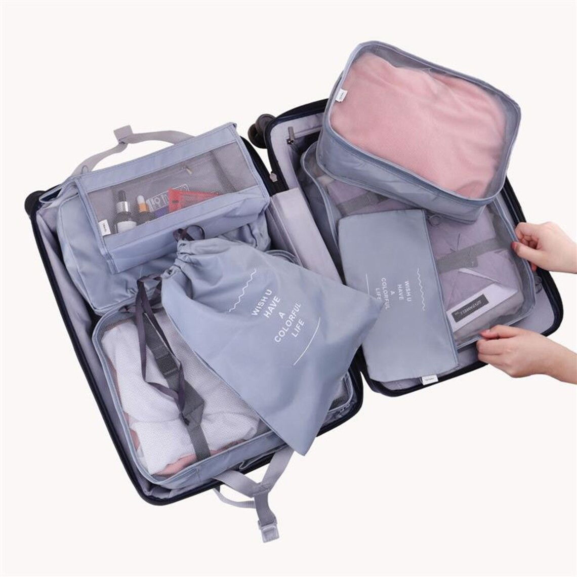 Set 8 huse organizare bagaj Flippy, material poliester, impermeabil, cu fermoar, pentru calatorii sau dulap, sac pentru pantofi inclus, pliabil, gri [4]