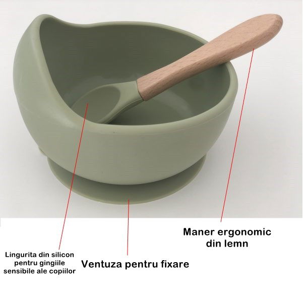 50 - 100 LEI - Set 8 piese diversificare bebelusi si copii din silicon Flippy, baveta, farfurie compartimentata cu ventuza, bol cu ventuza, tacamuri din lemn si silicon, cana pentru gustari, fara alergeni, verde inc