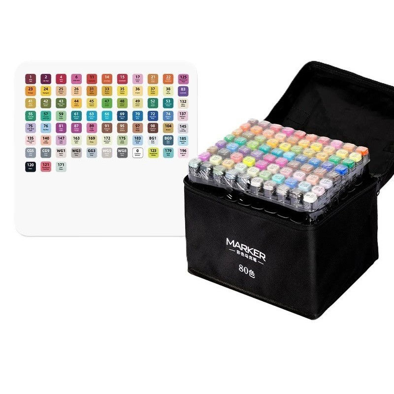 Markere si Set Desen - Set 80 Markere, Flippy, pe Baza de Ulei, Dublu Capat, Subtire 1mm si Gros 6 mm, Geanta Depozitare, 15 cm, Multicolor