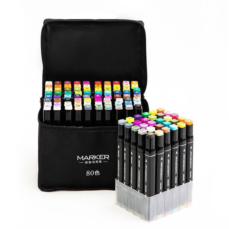 Markere si Set Desen - Set 80 Markere, Flippy, pe Baza de Ulei, Dublu Capat, Subtire 1mm si Gros 6 mm, Geanta Depozitare, 15 cm, Multicolor