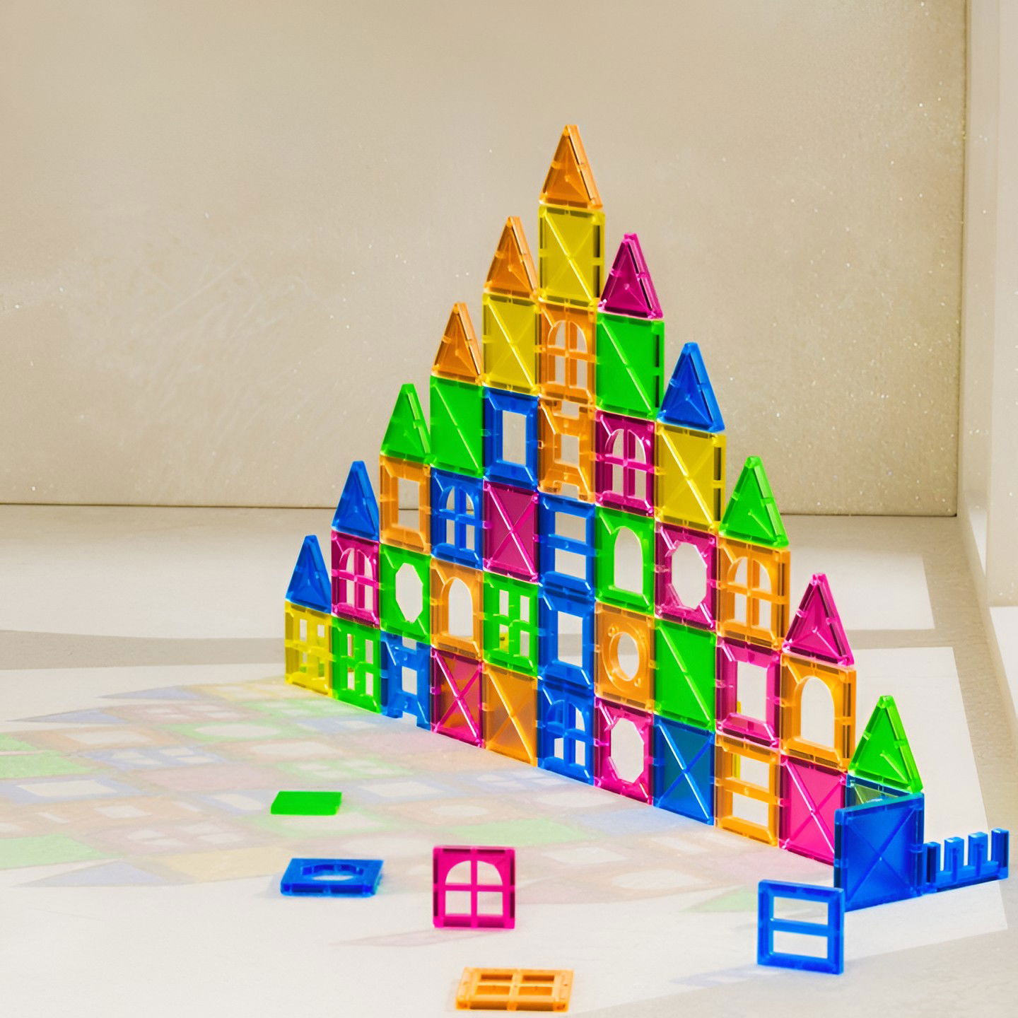 Set 88 Piese Magnetice de Constructie, Flippy, Piese 5.5 cm, Magnetic Tiles, Forme Geometrice, 3 Ani, ABS, Magnet, 27.5 x 21.5 x 17 cm, Multicolor [3]