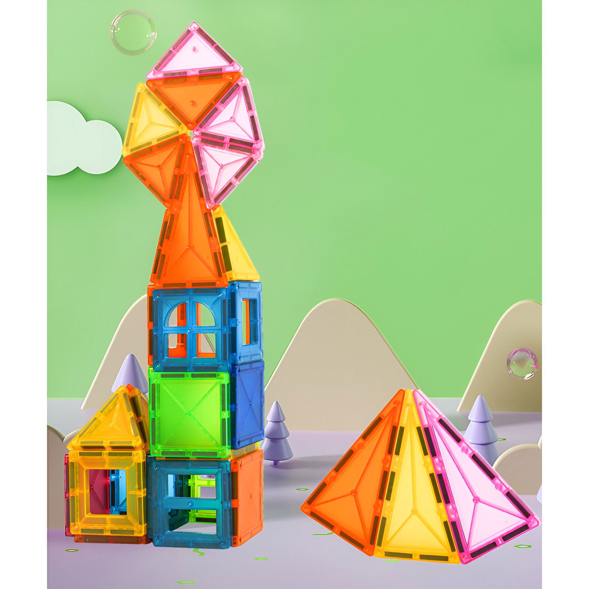 Set 88 Piese Magnetice de Constructie, Flippy, Piese 5.5 cm, Magnetic Tiles, Forme Geometrice, 3 Ani, ABS, Magnet, 27.5 x 21.5 x 17 cm, Multicolor [7]