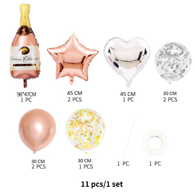 Seturi Baloane Folie - Set 9 Baloane din Folie Metalizată si din Latex, Flippy, Model Sticla de Sampanie, Baloane Party, Bat si Adeziv Incluse, Umflare cu Aer sau Heliu, Roz Alb