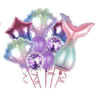 Seturi Baloane Folie - Set baloane aniversare pentru fetita, set din 9 baloane, Flippy, Tematica Sirene, 5 Baloane Folie, 4 baloane latex, cu stele, Mov gradient