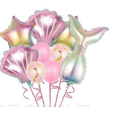 Petrecere - Set baloane aniversare pentru fetita, set din 9 baloane, Flippy, Tematica Sirene, 5 Baloane Folie, 4 baloane latex, Roz metalizat