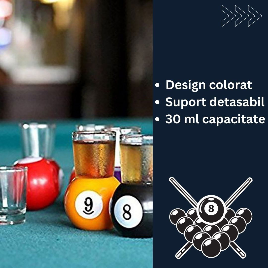 Set 9 pahare de shot Flippy, cu suport tip bila de biliard, detasabil, 30 ml, din sticla, 17 x 17 x 10 cm, multicolor [3]