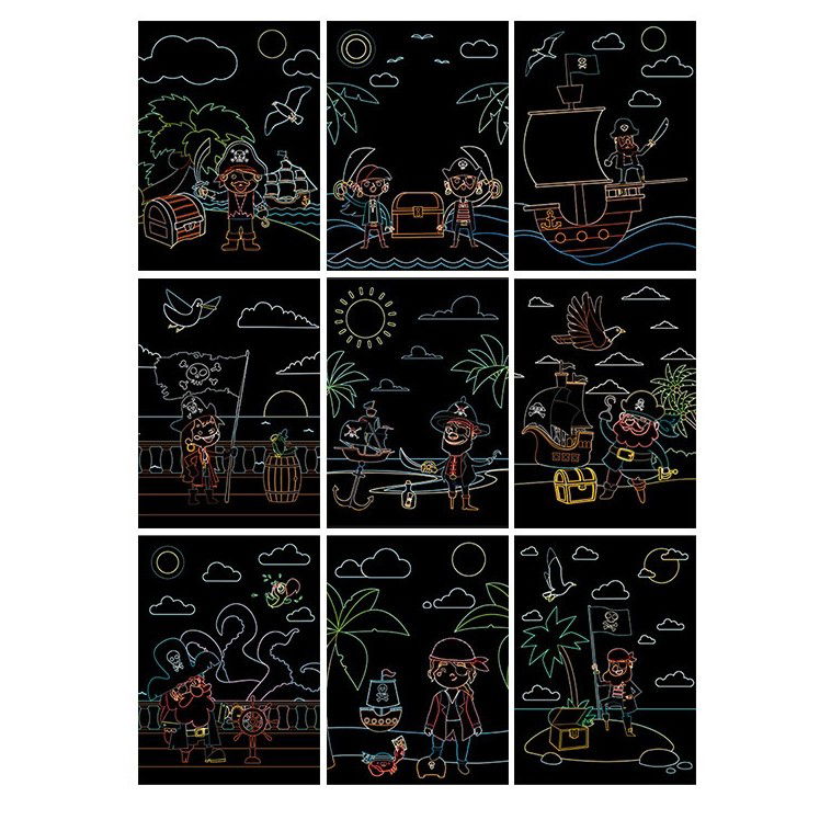 Carnetele Razuibile - Set 9 Planse Razuibile, Flippy, Scratch ArtCards, +3 Ani, de Razuit si de Colorat, 19 x 14 cm, Model Pirati, Multicolor