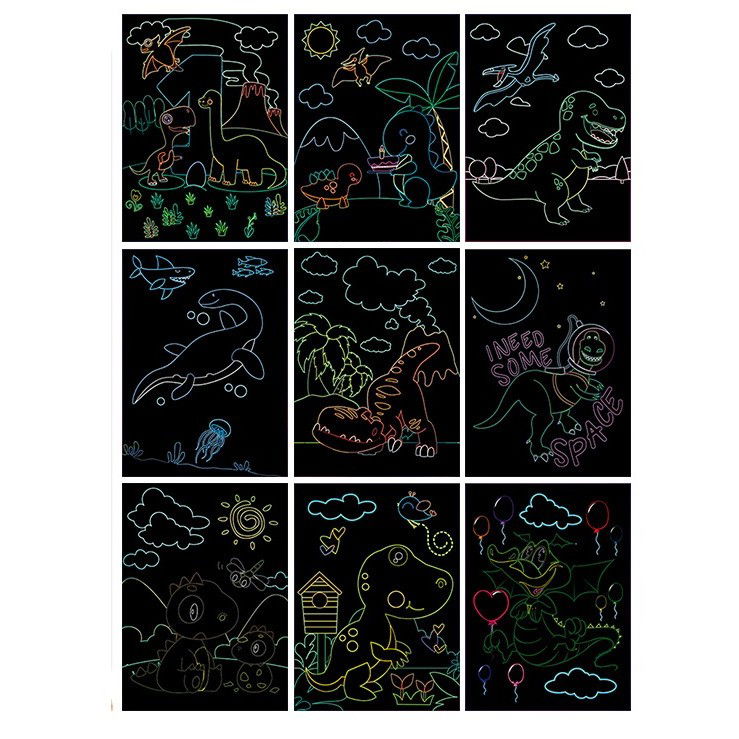 Carnetele Razuibile - Set 9 Planse Razuibile, Flippy, Scratch ArtCards, +3 Ani, de Razuit si de Colorat, 19 x 14 cm, Model Dinozauri, Multicolor