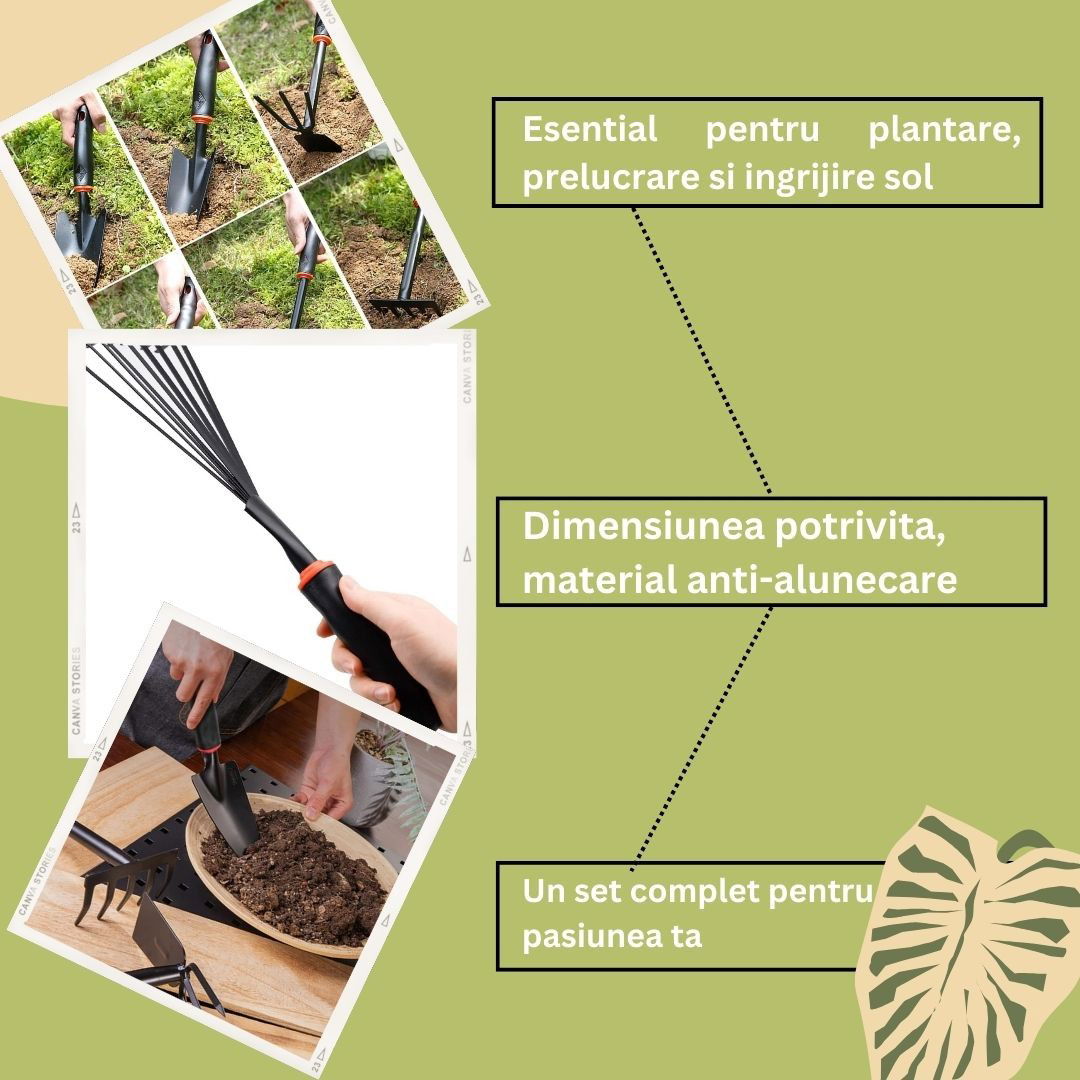 Articole pentru Gradina si Bricolaj - Set 9 Unelte de Gradina Flippy, pentru Plantare Prelucrare Sol si Ingrijire Plante, Material PVC si cardboard, 25 x 14.5 cm, negru