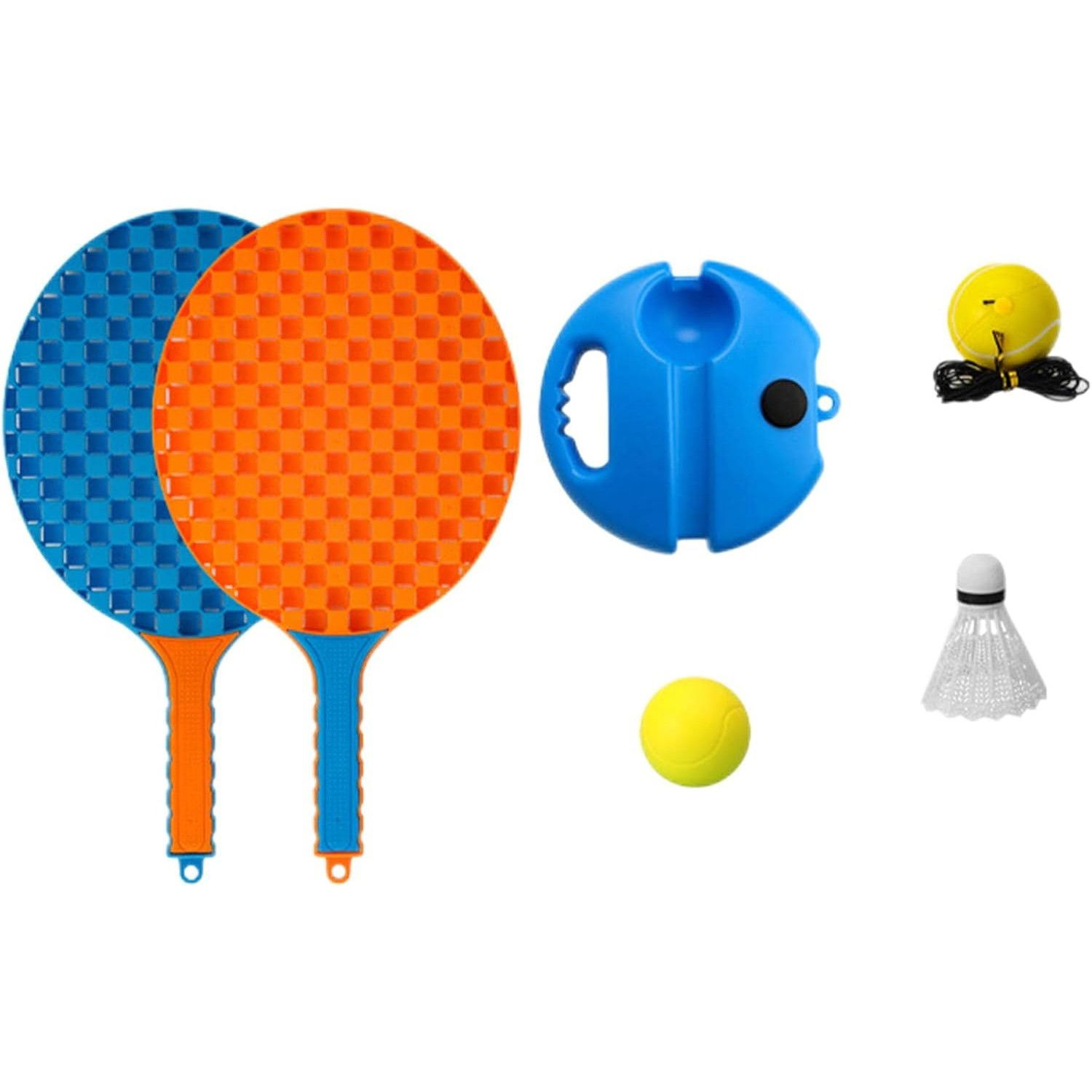 Jucarii interactive - Set Badminton pentru Copii, Flippy, Doua Palete, Fluturas, 2 Mingi, Minge cu Elastic pentru Antrenament, Suport de Prindere Stabil, 41x23 cm, Albastru Portocaliu
