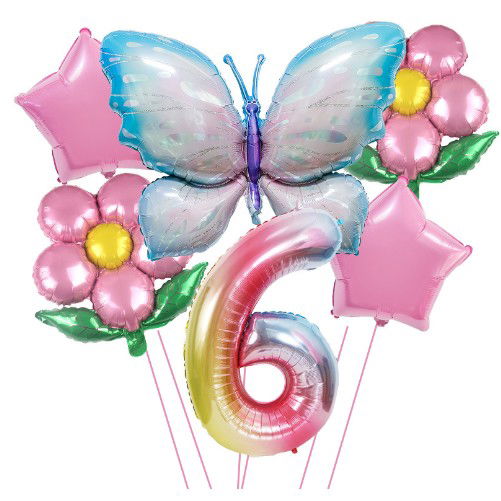 Petrecere - Set baloane aniversare cu numere, din folie de aluminiu, 6 piese, 2 flori, 2 stelute, 1 fluture, 1 cifra, Multicolor, Cifra 6