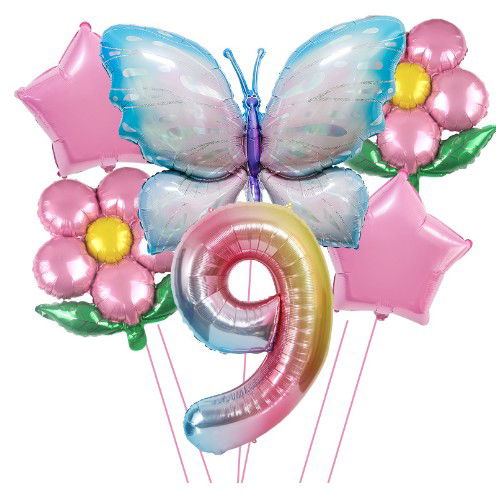 Seturi Baloane Folie - Set baloane aniversare cu numere, din folie de aluminiu, 6 piese, 2 flori, 2 stelute, 1 fluture, 1 cifra, Multicolor, Cifra 9