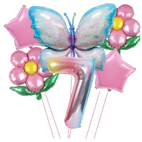 Petrecere - Set baloane aniversare cu numere, din folie de aluminiu, 6 piese, 2 flori, 2 stelute, 1 fluture, 1 cifra, Multicolor, Cifra 7