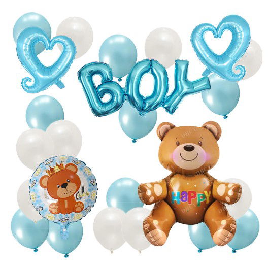 Seturi Baloane Folie - Set 25 Baloane, Flippy, din Latex si Folie de Aluminiu, Model Ursulet/Boy, Diferite Marimi, Albastru