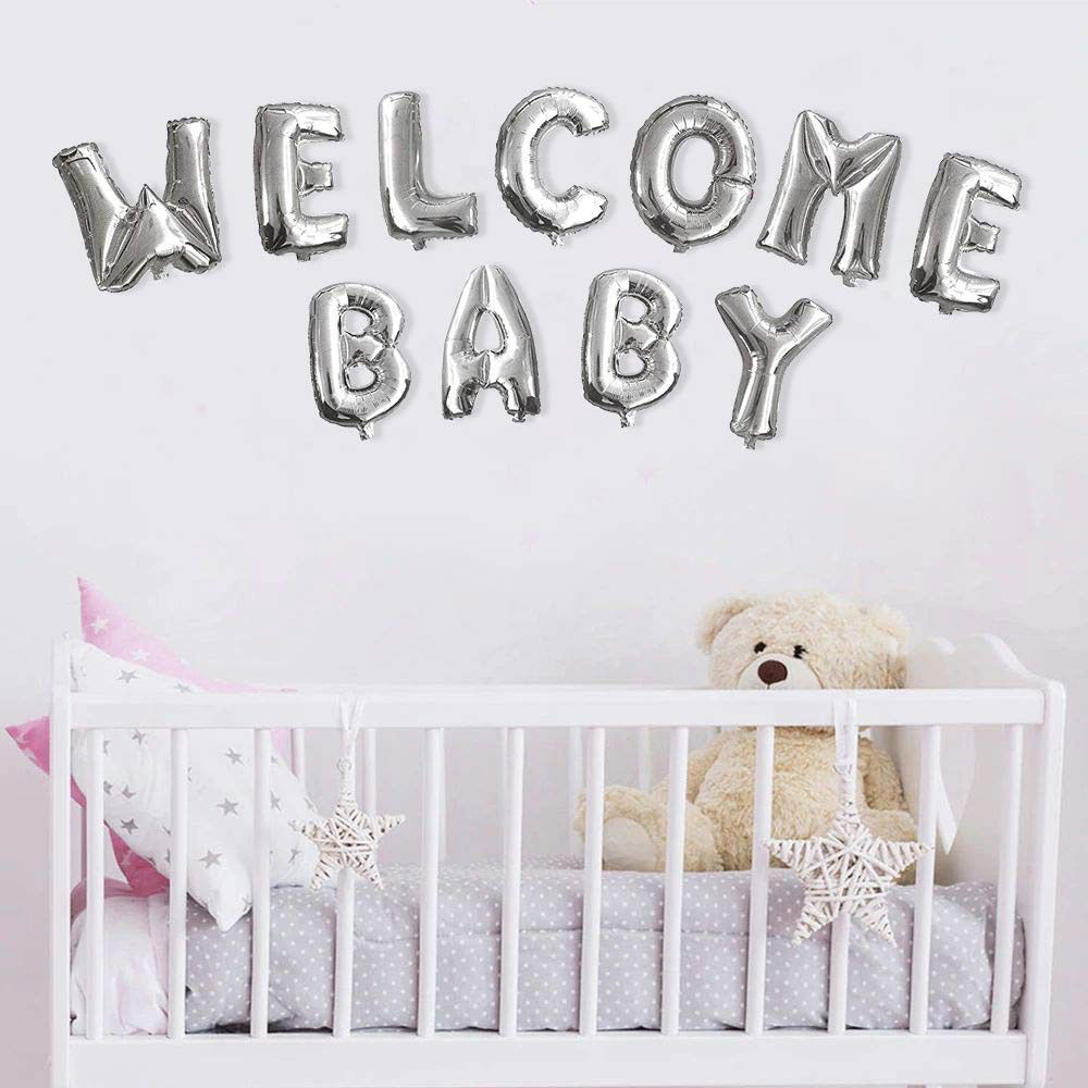 Set Baloane din Folie Metalizata, Flippy, Figurine Litere, Model Welcome Baby, Tema Aniversare, 40 cm, Ambalaj Individual, Pai inclus, Umflare cu Aer sau Heliu, Alb [3]