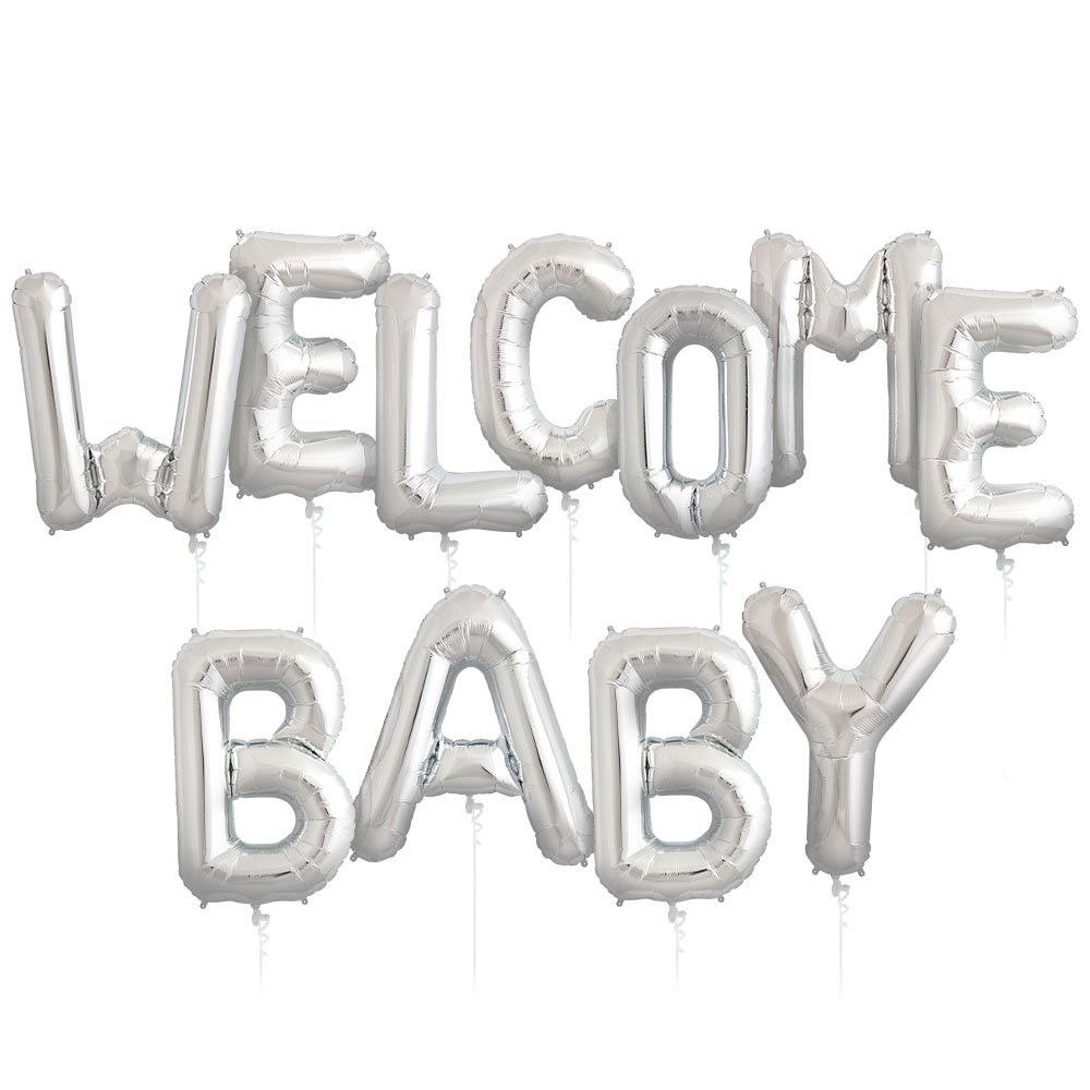 Set Baloane din Folie Metalizata, Flippy, Figurine Litere, Model Welcome Baby, Tema Aniversare, 40 cm, Ambalaj Individual, Pai inclus, Umflare cu Aer sau Heliu, Alb [5]