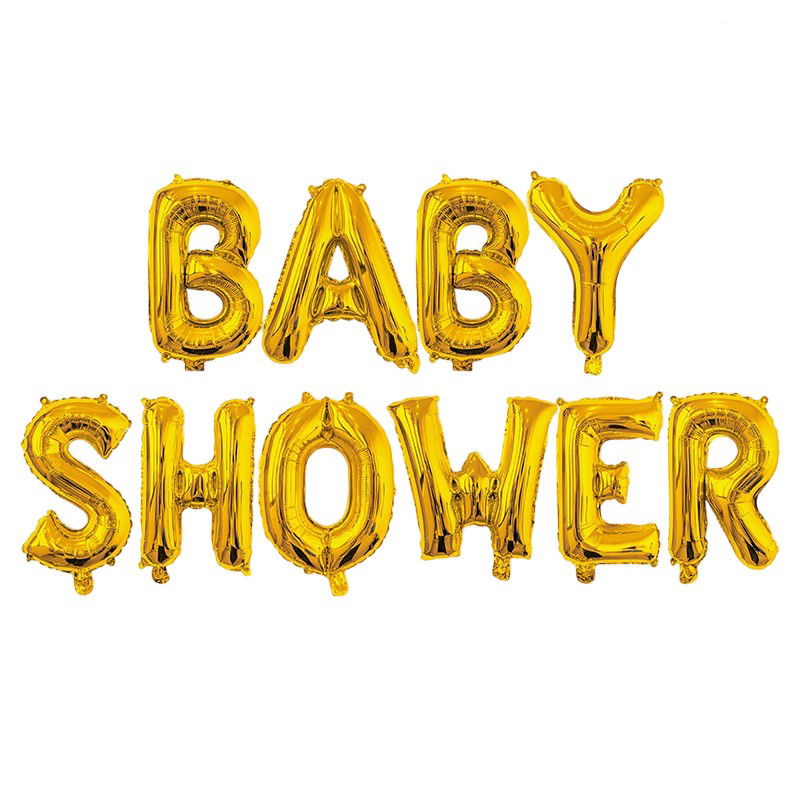 Seturi Baloane Folie - Set Baloane din Folie Metalizata, Flippy, Model Baby Shower, Litere de 40 cm, Baloane Party, Ambalaj Individual, Pai, Ata si Adeziv Incluse, Umflare cu Aer sau Heliu, Auriu