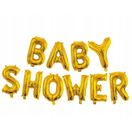 Seturi Baloane Folie - Set Baloane din Folie Metalizata, Flippy, Model Baby Shower, Litere de 40 cm, Baloane Party, Ambalaj Individual, Pai, Ata si Adeziv Incluse, Umflare cu Aer sau Heliu, Auriu